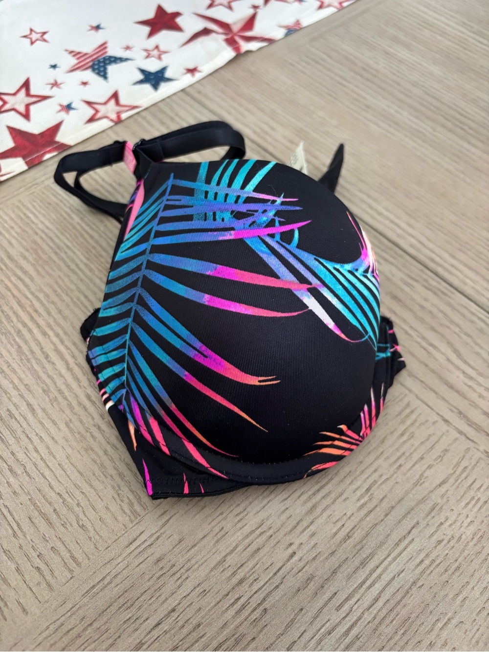 Victoria's Secret Black Bra with Neon Tropical Palm Print